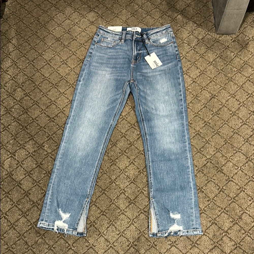 Blue Straight Leg Jeans with Distressed Hem
